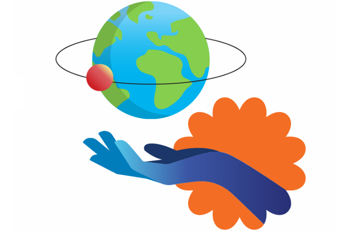 illustration of a hand coming out of a cloud and cradling earth with the moon