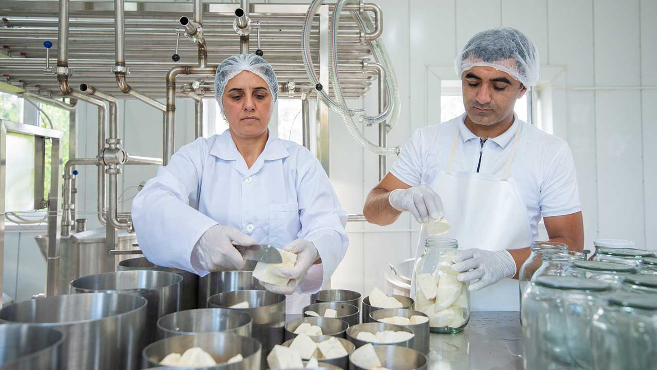 Une femme et un homme en tenue de laboratoire en train de travailler des produits laitiers
